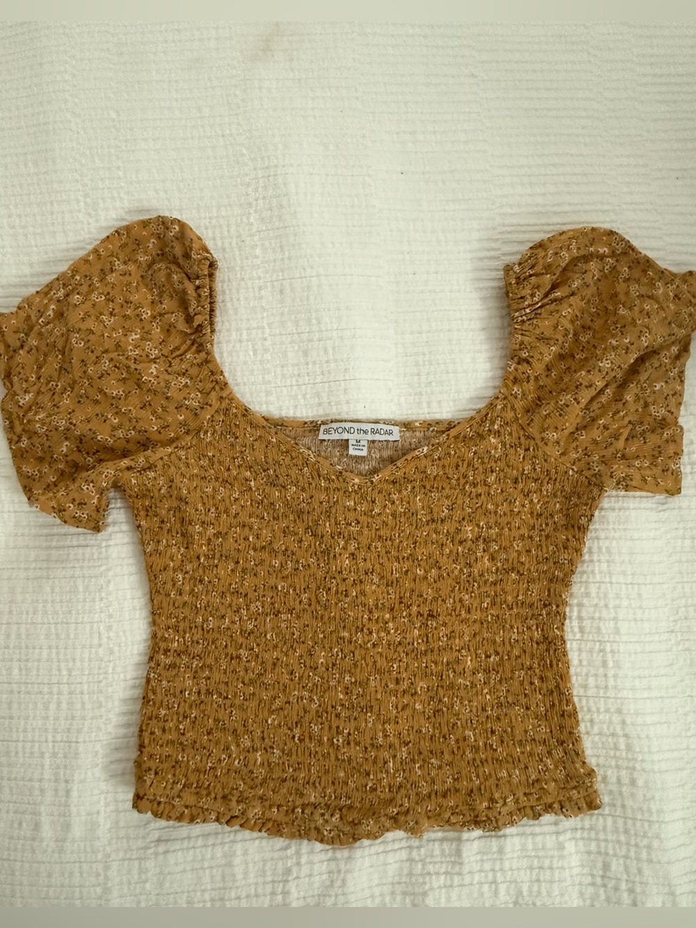 Beyond the Radar Mustard Floral Smocked Puff-Sleeve Top